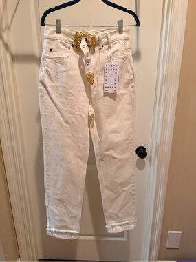 Lauren Ralph Lauren White Cropped Jeans with Gold Belt Detail